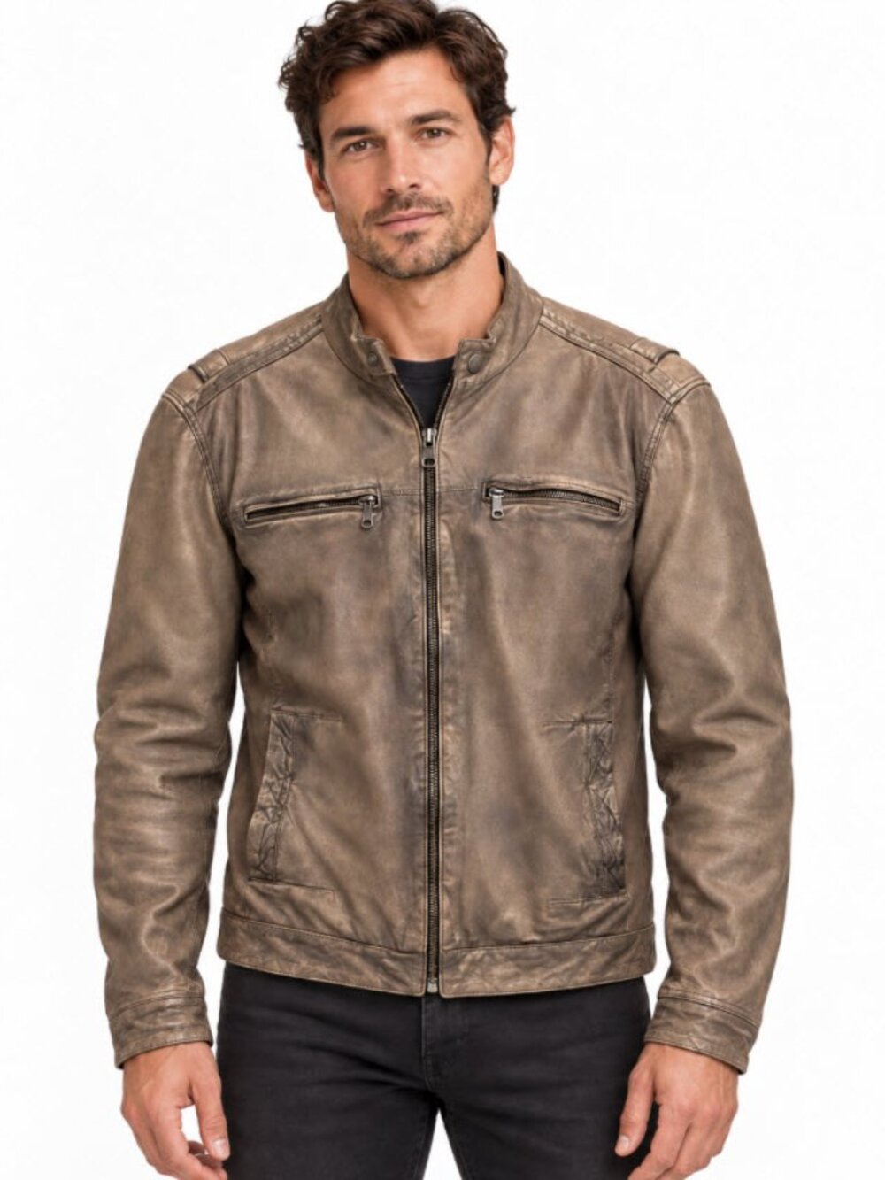Danier Taupe Brown Leather Moto Bomber Jacket Distressed Large